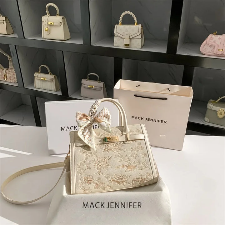 2025 Top Handle bag and Shoulder bag With Floral Embroidery and Silk Scarf Decoration and High Quality Material Women Handbag