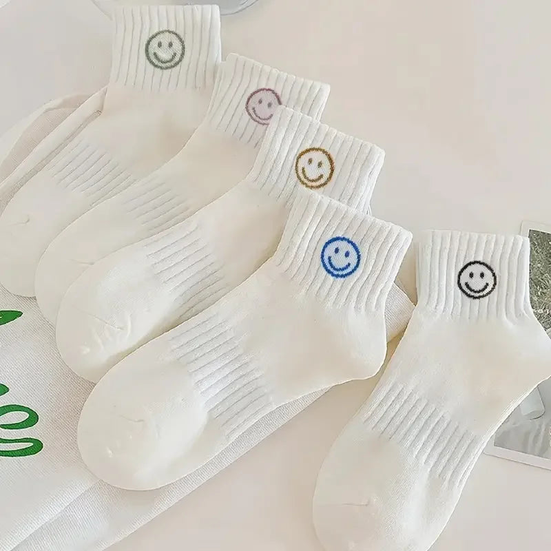 5 Pairs of Whimsical Cartoon Face Print Short Socks - Soft, Breathable, and Comfortable Polyester Knit Fabric