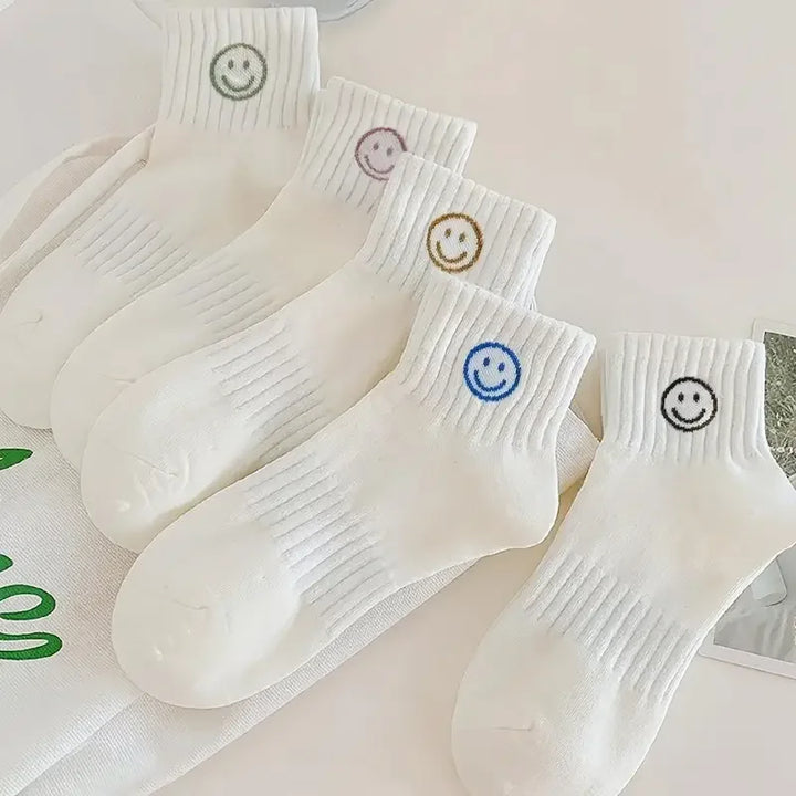 5 Pairs of Whimsical Cartoon Face Print Short Socks - Soft, Breathable, and Comfortable Polyester Knit Fabric