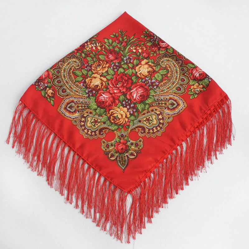 Russian Floral Head Wrap – Fringed Square Travel Shawl for Women