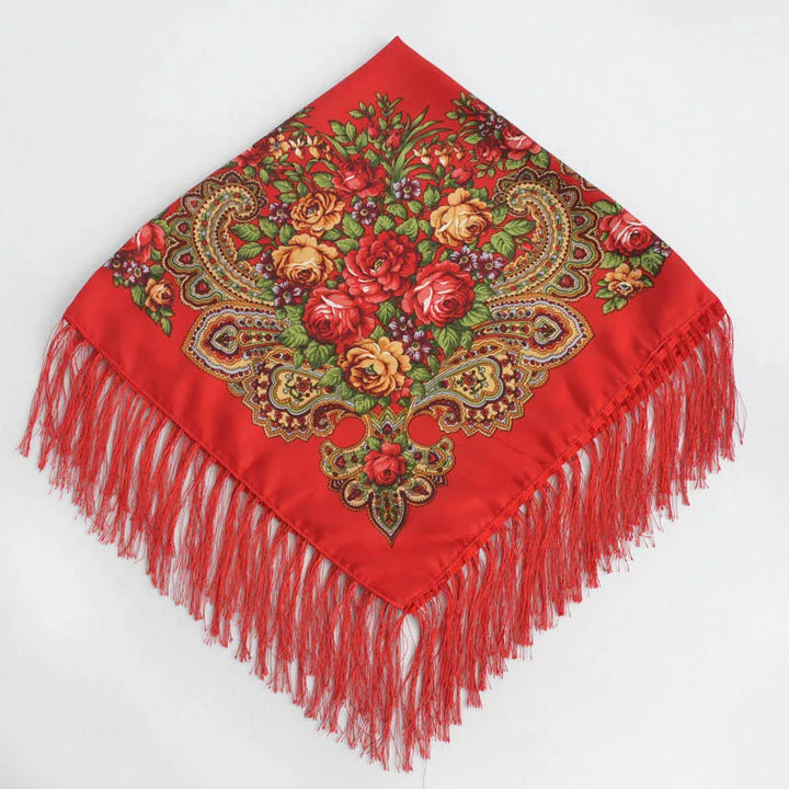 Russian Floral Head Wrap – Fringed Square Travel Shawl for Women