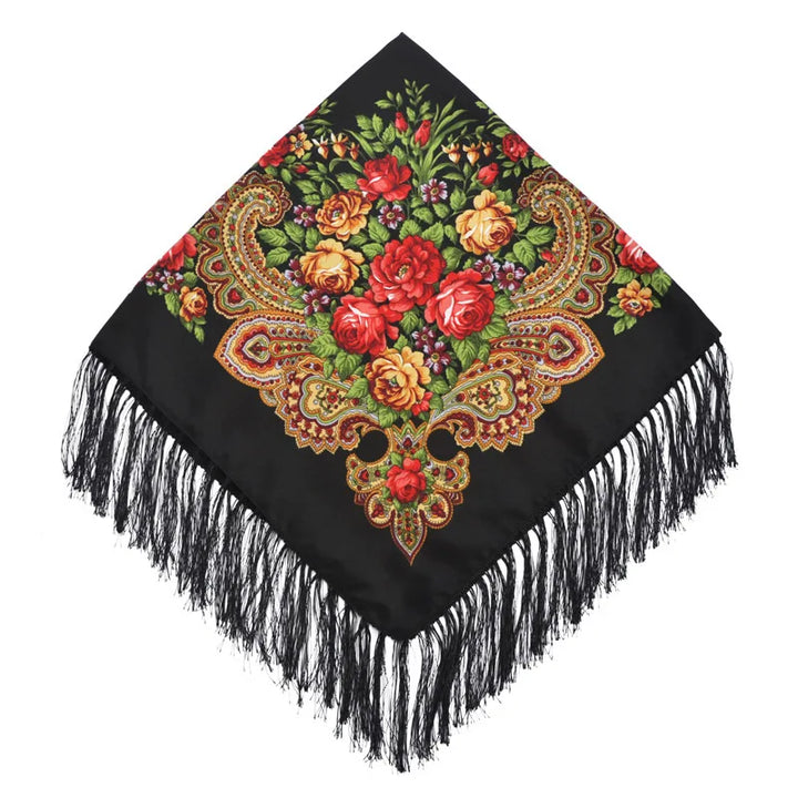Russian Floral Head Wrap – Fringed Square Travel Shawl for Women