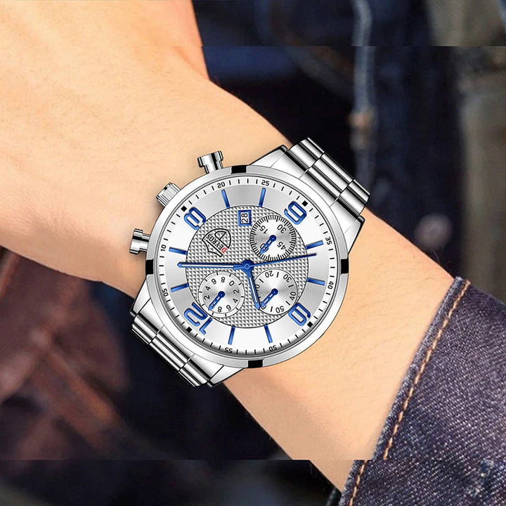 Men’s Luxury Quartz Watch – Stainless Steel & Leather Strap