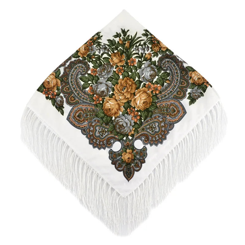 Russian Floral Head Wrap – Fringed Square Travel Shawl for Women