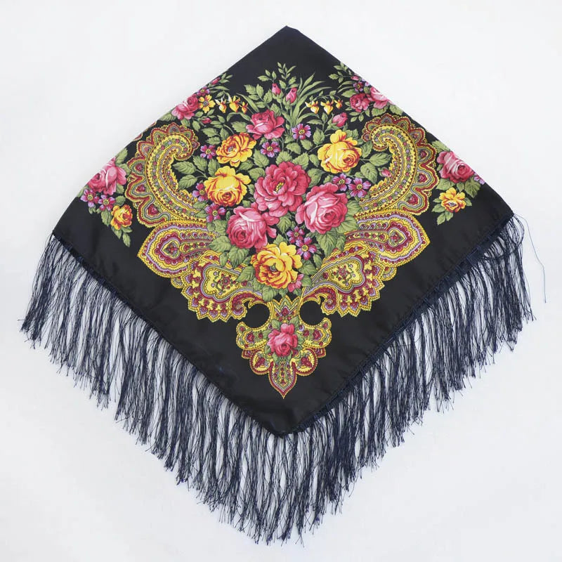 Russian Floral Head Wrap – Fringed Square Travel Shawl for Women