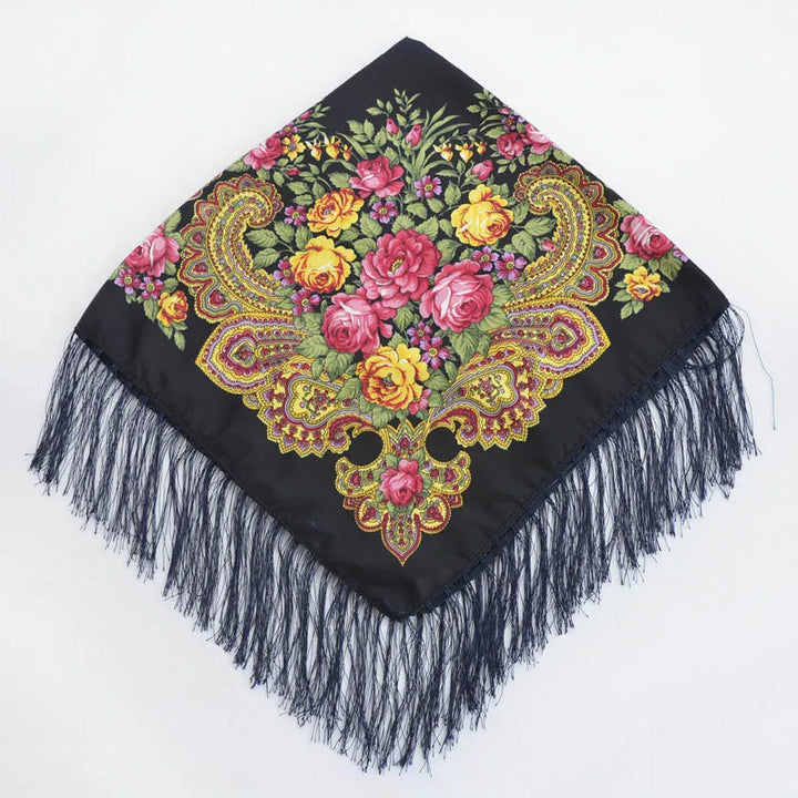 Russian Floral Head Wrap – Fringed Square Travel Shawl for Women