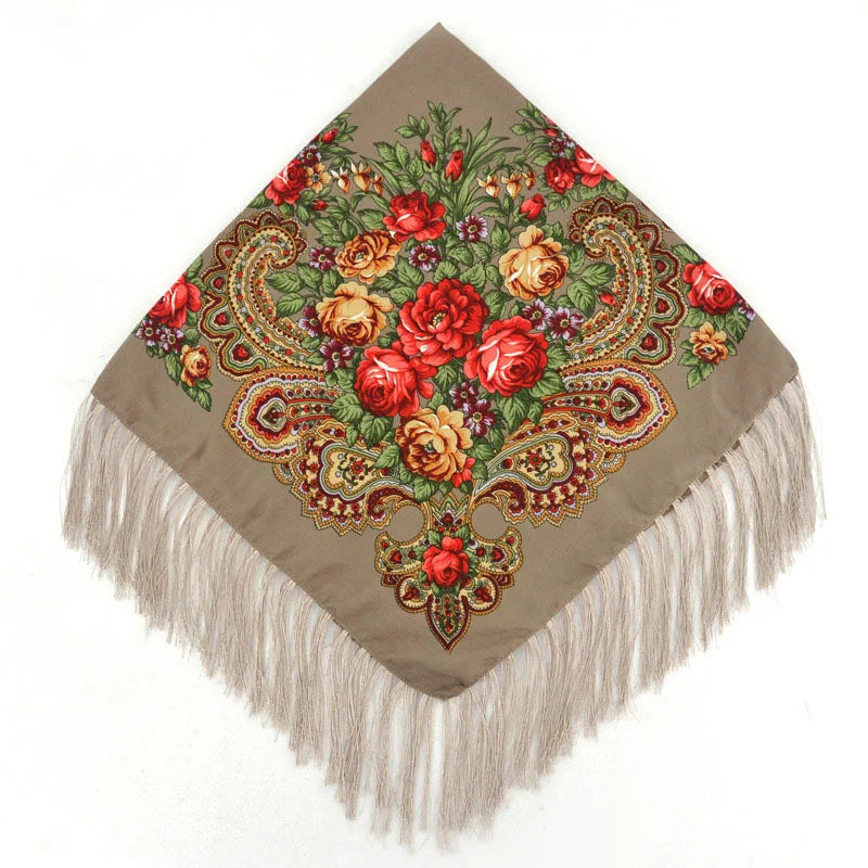 Russian Floral Head Wrap – Fringed Square Travel Shawl for Women