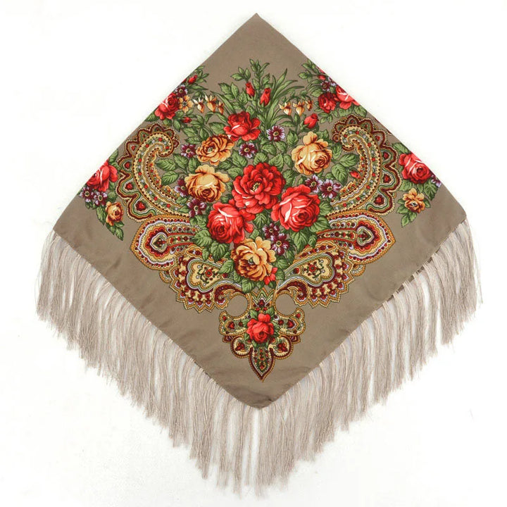 Russian Floral Head Wrap – Fringed Square Travel Shawl for Women