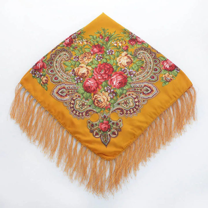 Russian Floral Head Wrap – Fringed Square Travel Shawl for Women