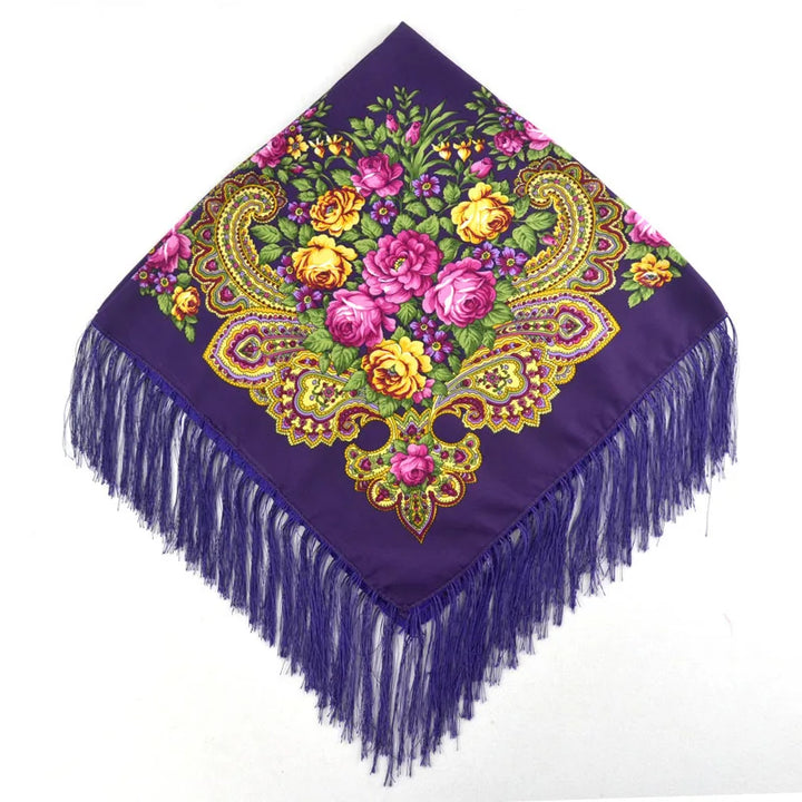 Russian Floral Head Wrap – Fringed Square Travel Shawl for Women