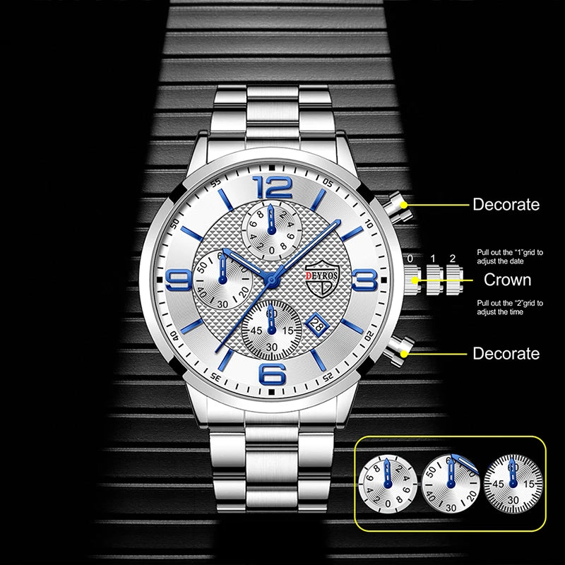 Men’s Luxury Quartz Watch – Stainless Steel & Leather Strap