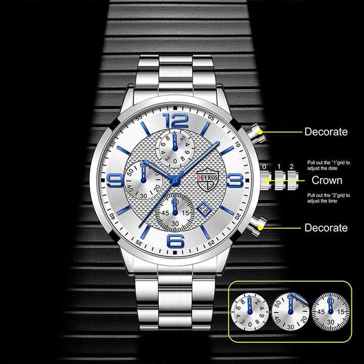 Men’s Luxury Quartz Watch – Stainless Steel & Leather Strap