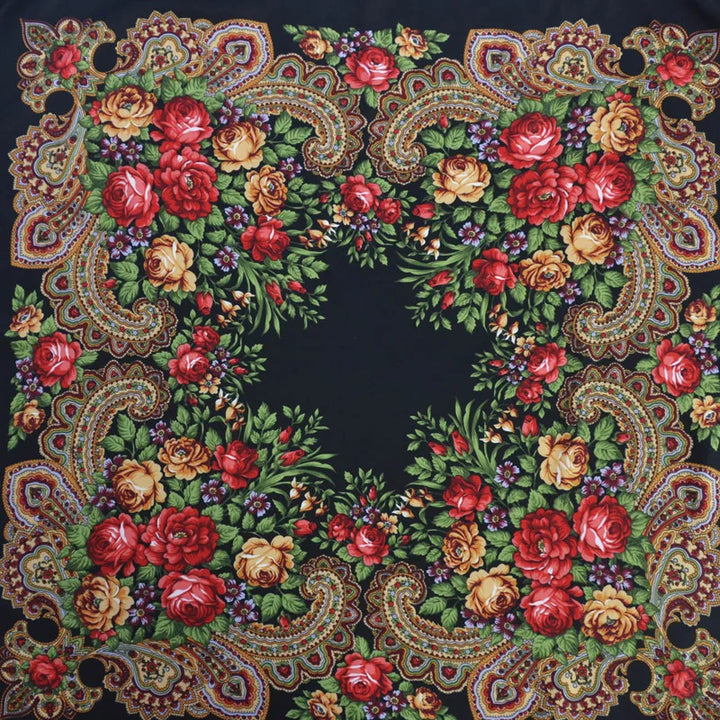 Russian Floral Head Wrap – Fringed Square Travel Shawl for Women