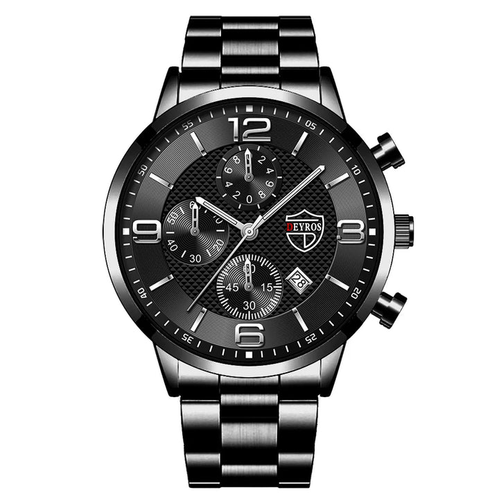 Men’s Luxury Quartz Watch – Stainless Steel & Leather Strap