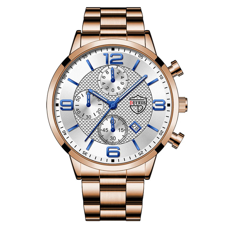 Men’s Luxury Quartz Watch – Stainless Steel & Leather Strap