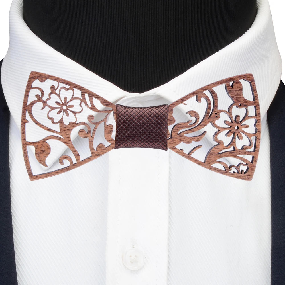 Fashion Novelty Walnut Wooden Bow Tie Mens Fashion Floral Hollow Carved Wood Bowtie Suit Wedding Party Handmade Cravat Neck Ties