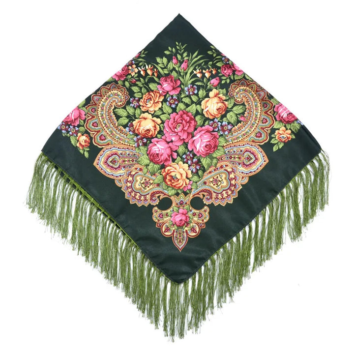 Russian Floral Head Wrap – Fringed Square Travel Shawl for Women