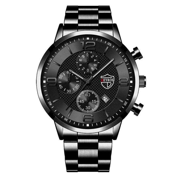 Men’s Luxury Quartz Watch – Stainless Steel & Leather Strap