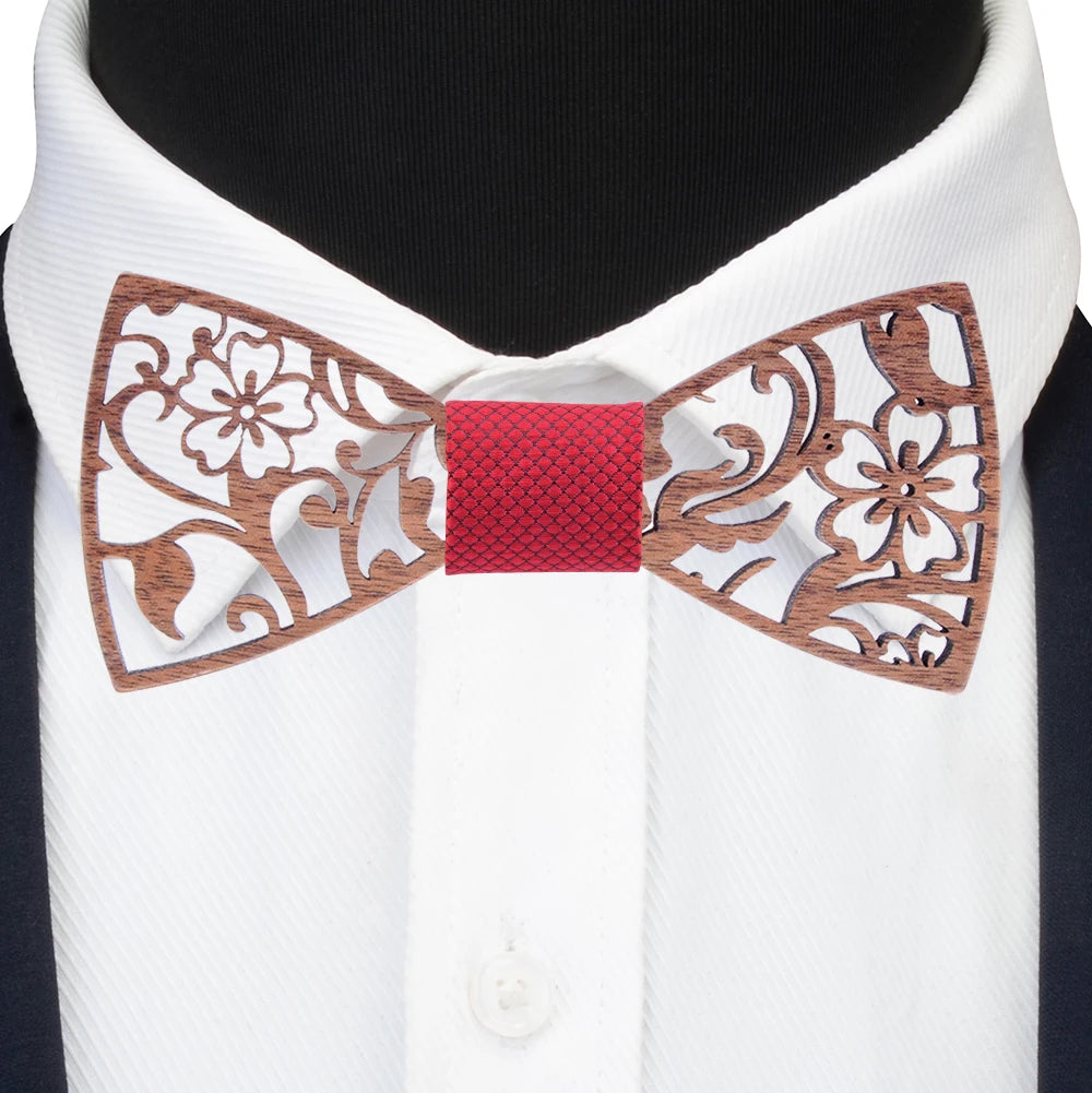 Fashion Novelty Walnut Wooden Bow Tie Mens Fashion Floral Hollow Carved Wood Bowtie Suit Wedding Party Handmade Cravat Neck Ties