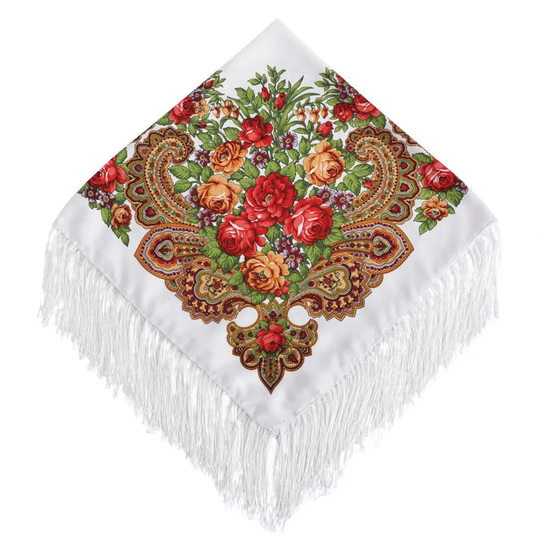 Russian Floral Head Wrap – Fringed Square Travel Shawl for Women