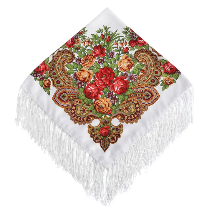 Russian Floral Head Wrap – Fringed Square Travel Shawl for Women