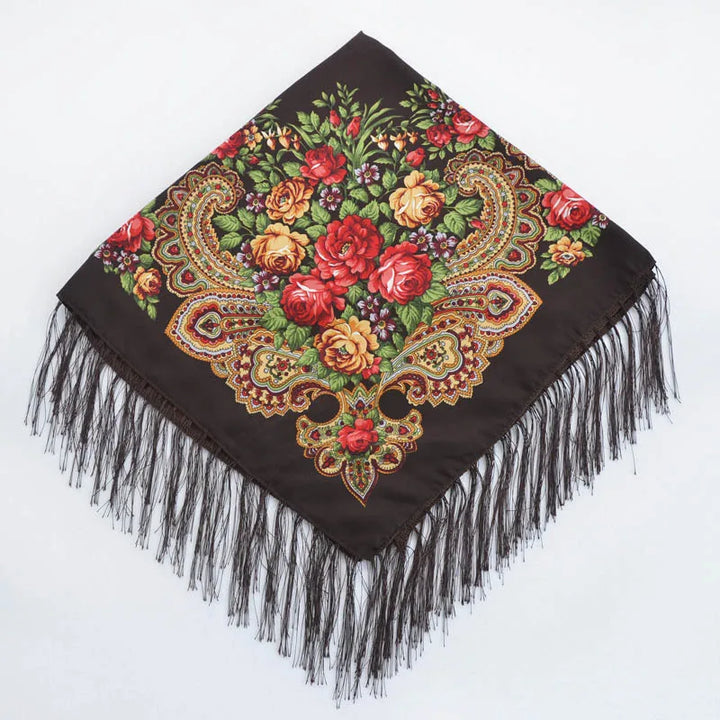 Russian Floral Head Wrap – Fringed Square Travel Shawl for Women