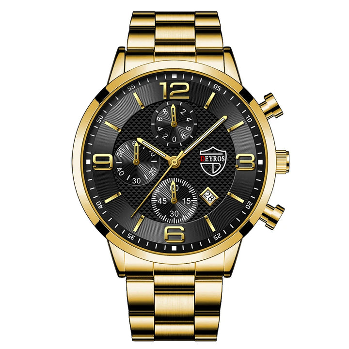 Men’s Luxury Quartz Watch – Stainless Steel & Leather Strap