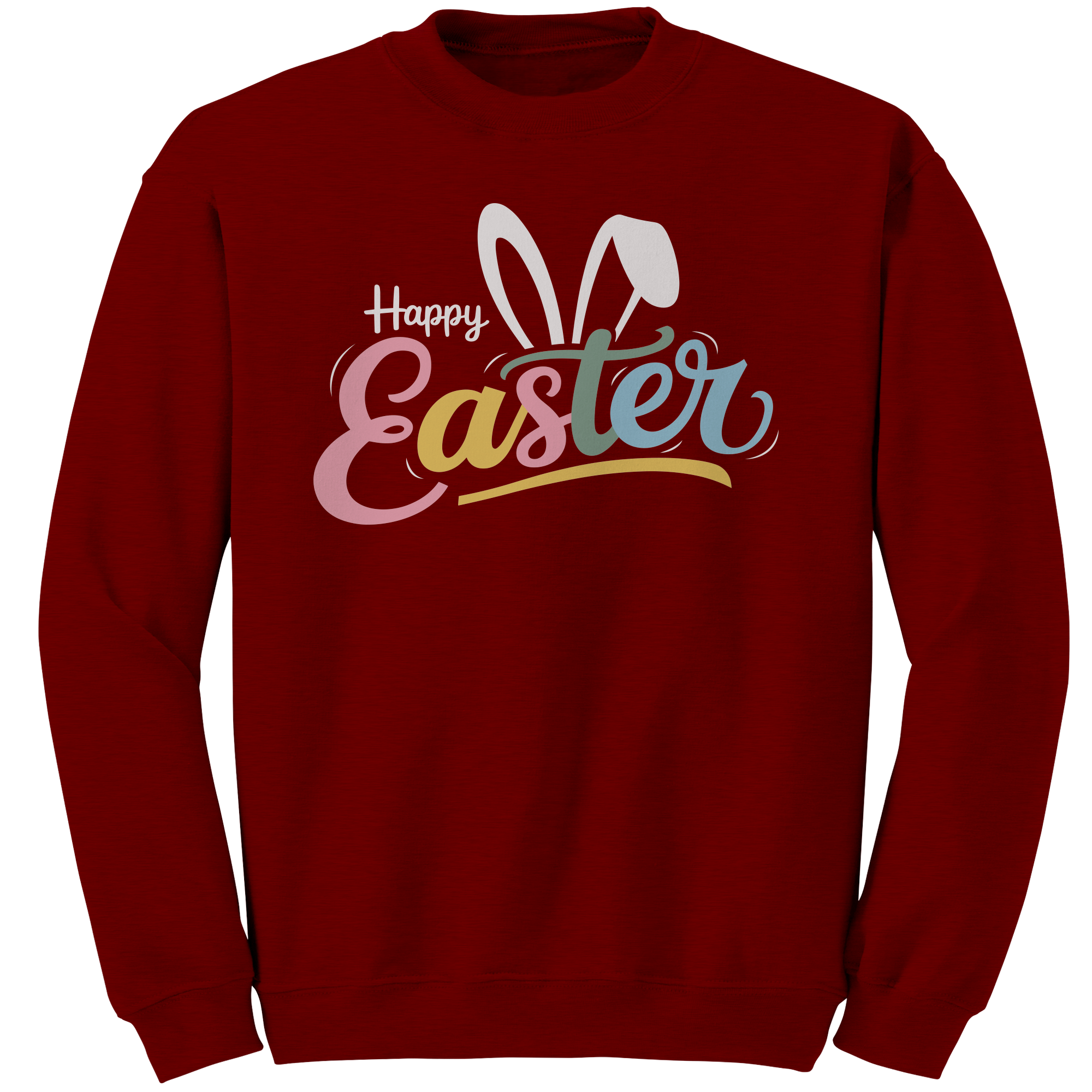 Happy_Easter_Bunny_Ears_Gildan_Crewneck__Antique_Cherry_Red_Mockup.png
