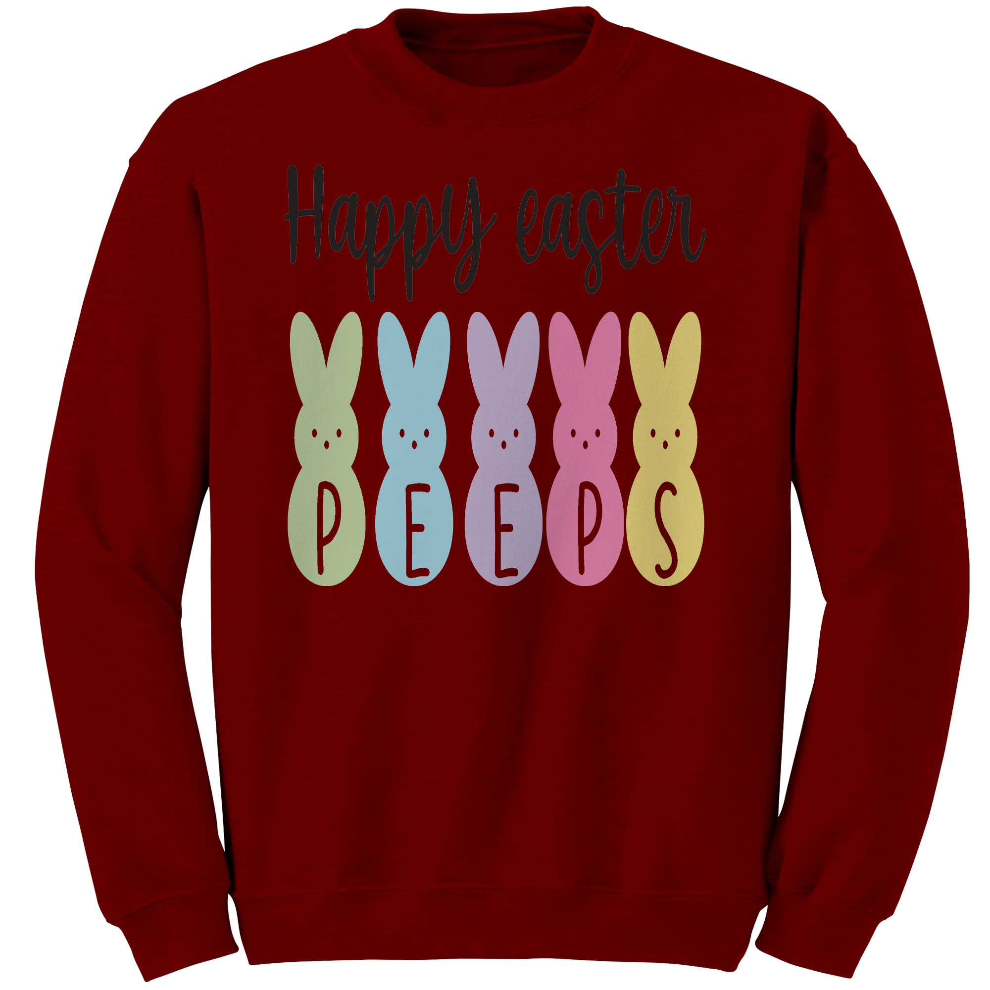 Happy_Easter_Peeps_Gildan_Crewneck_Sweat_Antique_Cherry_Red_Mockup.png
