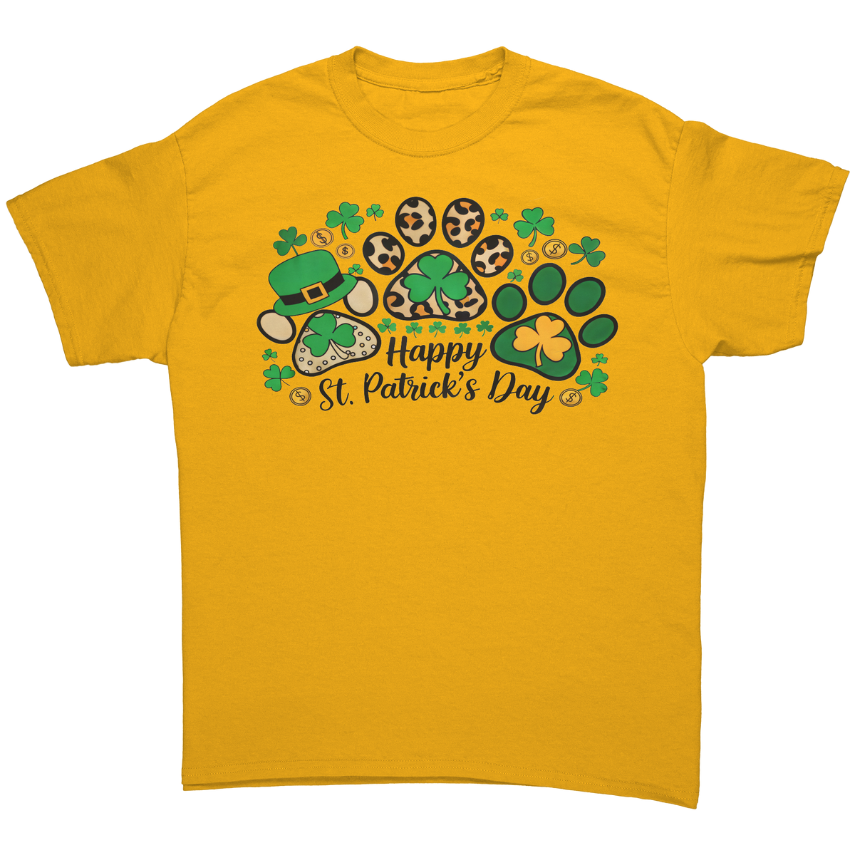Happy_St_Patricks_Day_Gildan_Unisex_T-_Gold_Front_Mockup.png