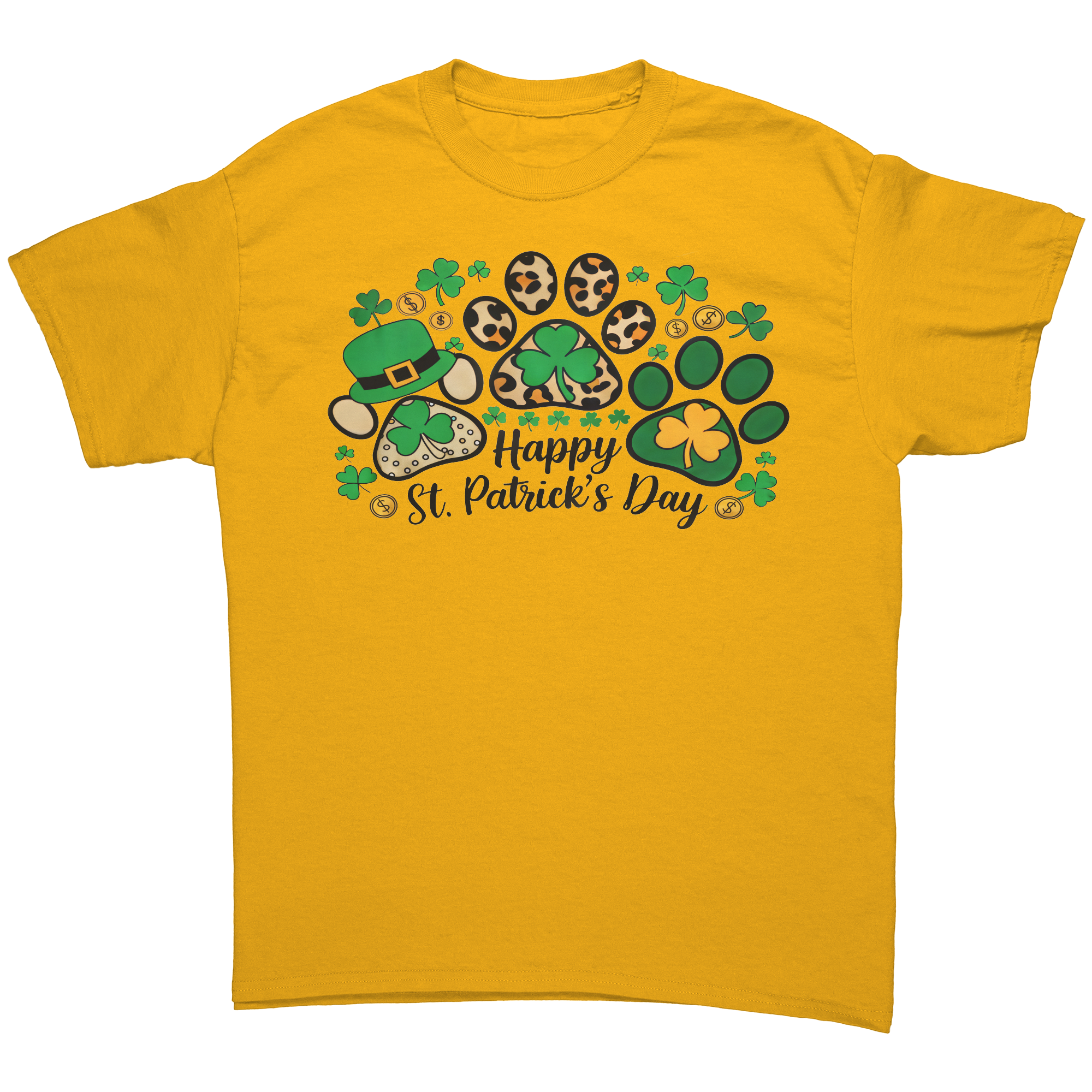 Happy_St_Patricks_Day_Gildan_Unisex_T-_Gold_Front_Mockup.png