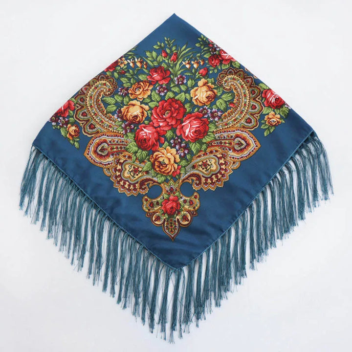 Russian Floral Head Wrap – Fringed Square Travel Shawl for Women