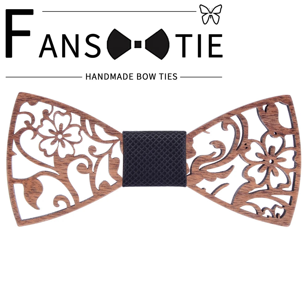 Fashion Novelty Walnut Wooden Bow Tie Mens Fashion Floral Hollow Carved Wood Bowtie Suit Wedding Party Handmade Cravat Neck Ties