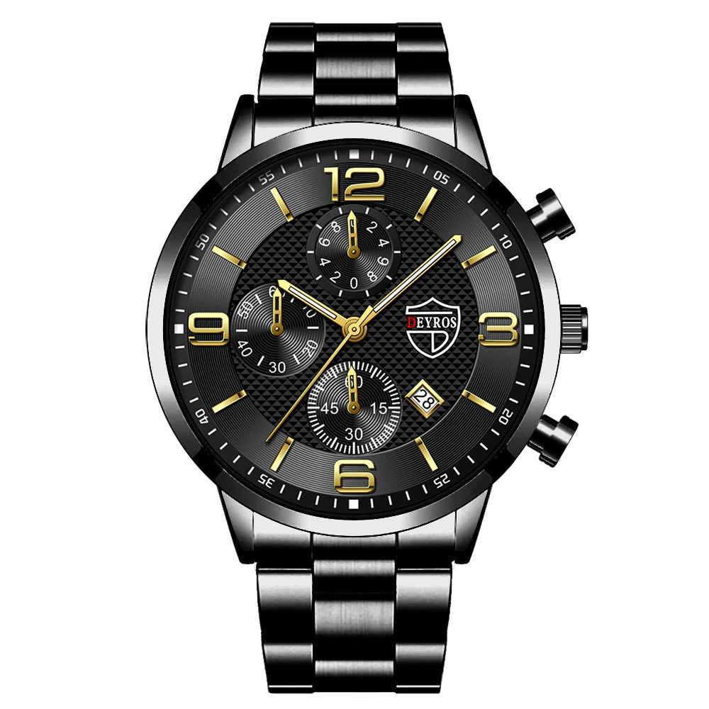 Men’s Luxury Quartz Watch – Stainless Steel & Leather Strap