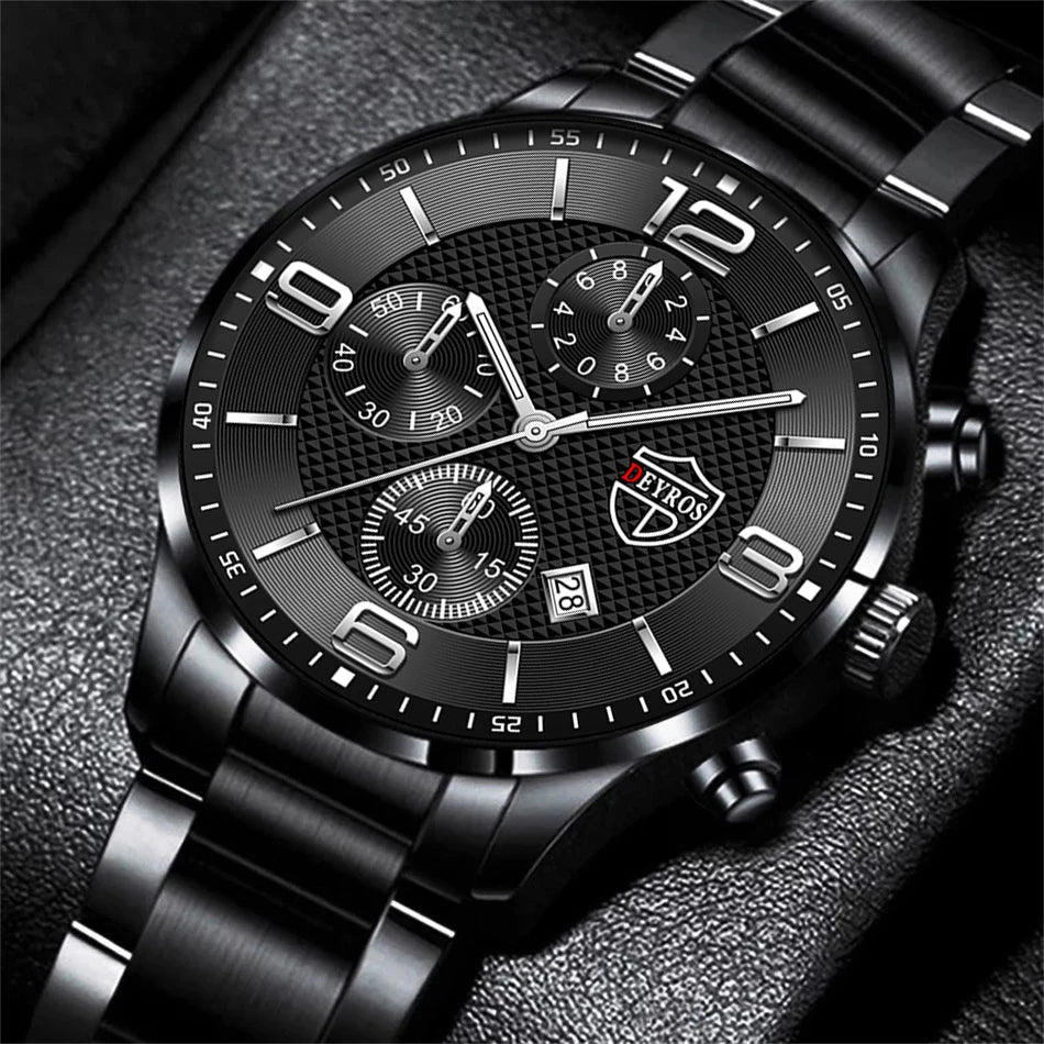 Men’s Luxury Quartz Watch – Stainless Steel & Leather Strap
