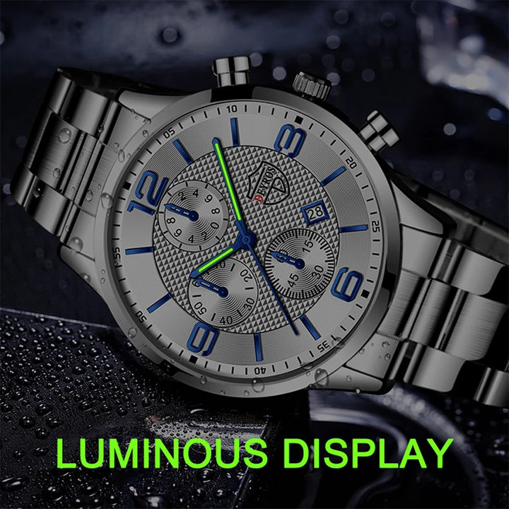 Men’s Luxury Quartz Watch – Stainless Steel & Leather Strap