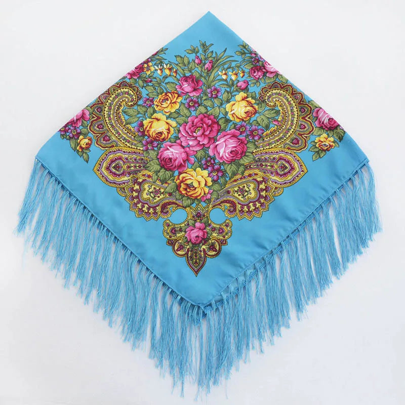 Russian Floral Head Wrap – Fringed Square Travel Shawl for Women