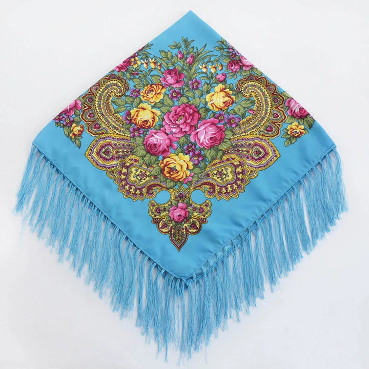 Russian Floral Head Wrap – Fringed Square Travel Shawl for Women