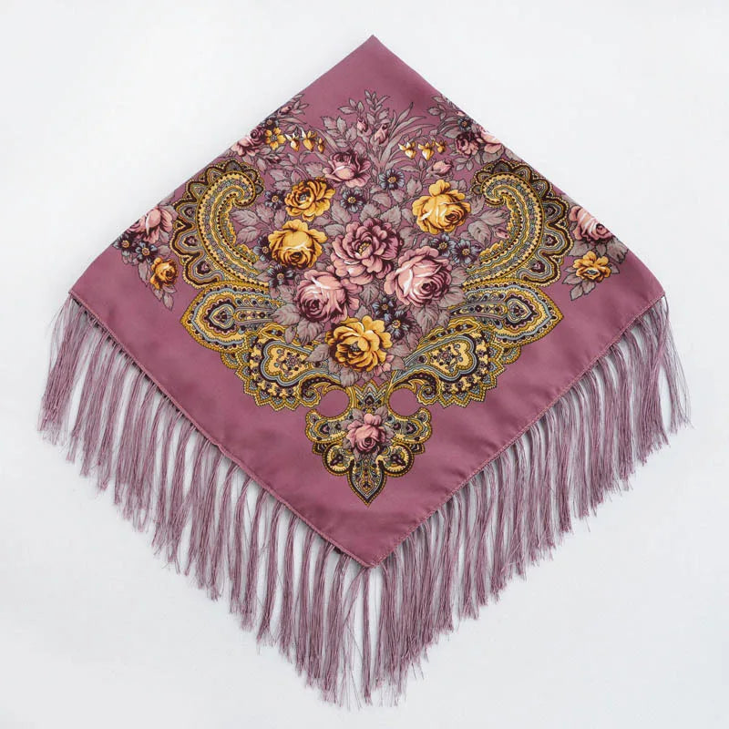 Russian Floral Head Wrap – Fringed Square Travel Shawl for Women