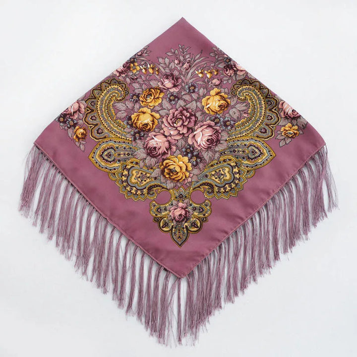 Russian Floral Head Wrap – Fringed Square Travel Shawl for Women