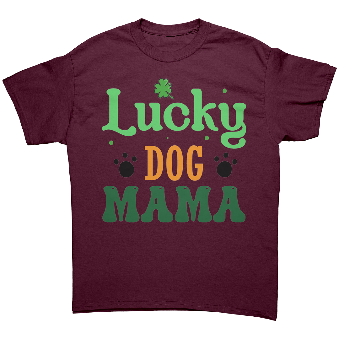 Lucky_Dog_Mama_Gildan_Unisex_T-shirt_Maroon_Front_Mockup.png