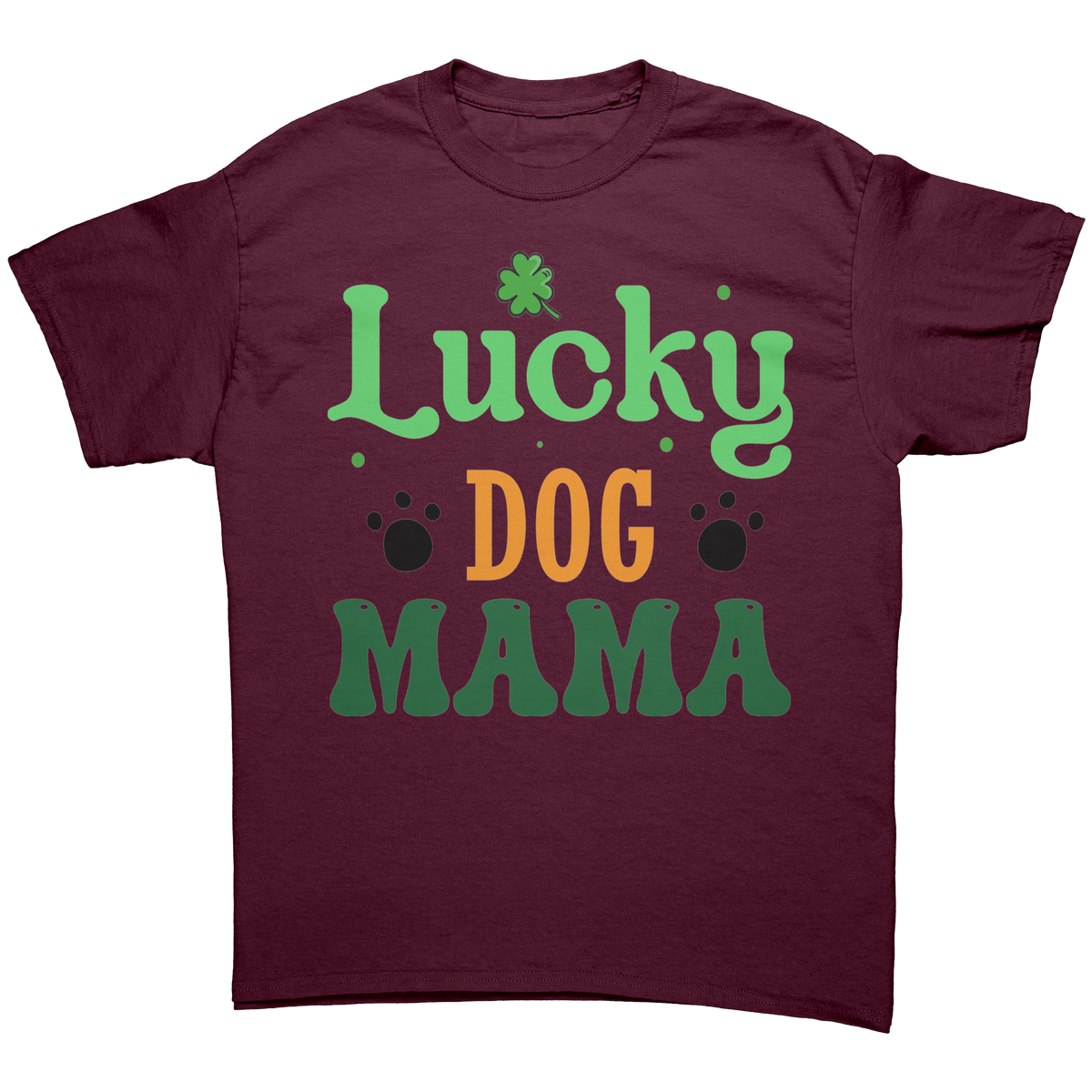 Lucky_Dog_Mama_Gildan_Unisex_T-shirt_Maroon_Front_Mockup.png