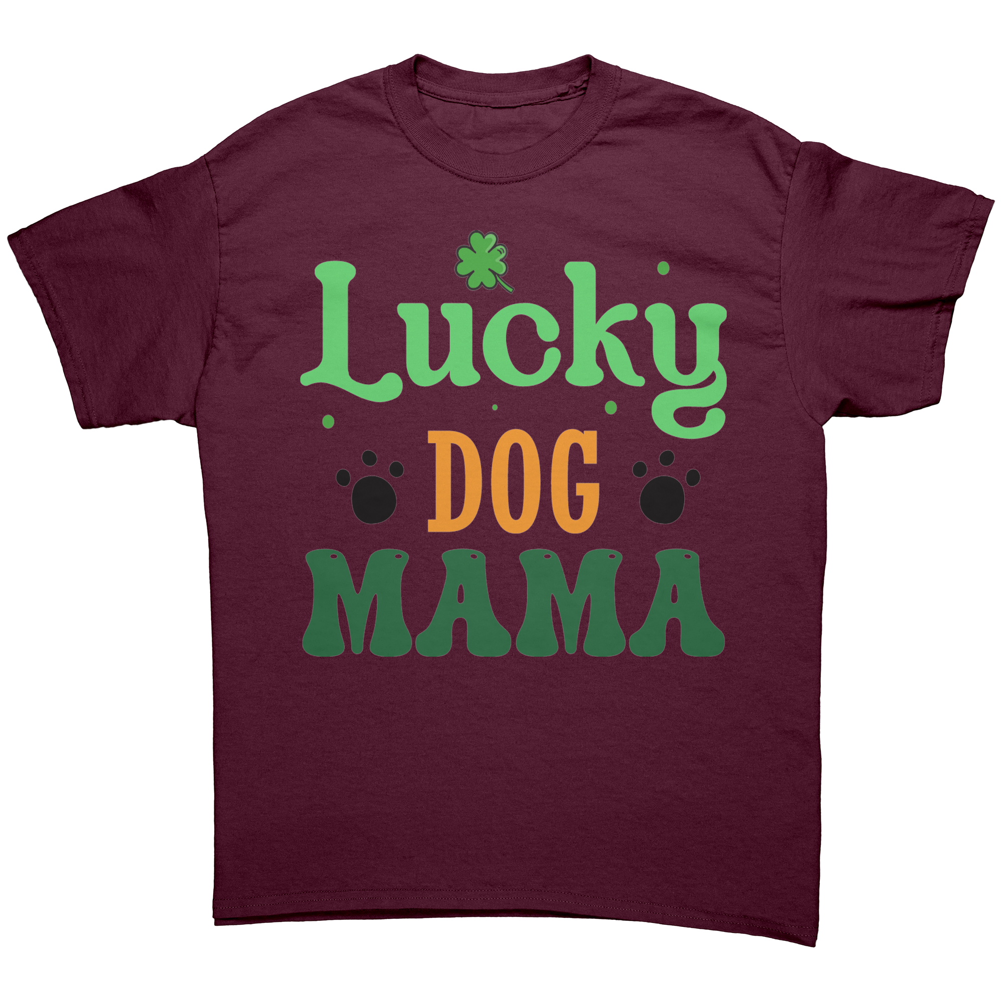 Lucky_Dog_Mama_Gildan_Unisex_T-shirt_Maroon_Front_Mockup.png