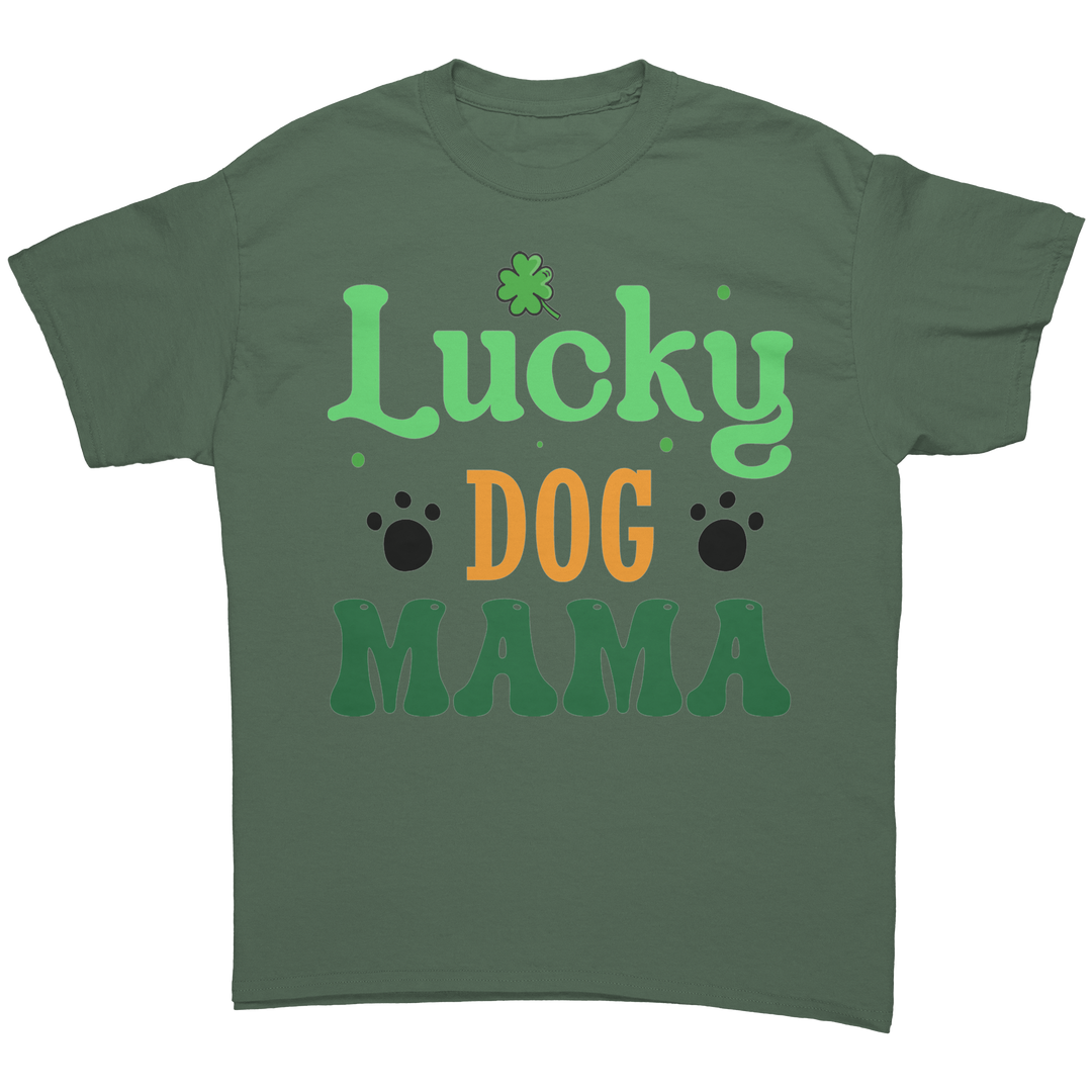 Lucky_Dog_Mama_Gildan_Unisex_T-shirt_Military_Green_Front_Mockup.png