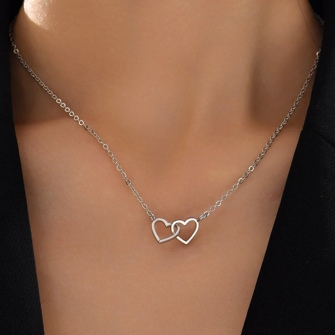 Tiny Heart Necklace – Hollow Double Pendant Chain for Women