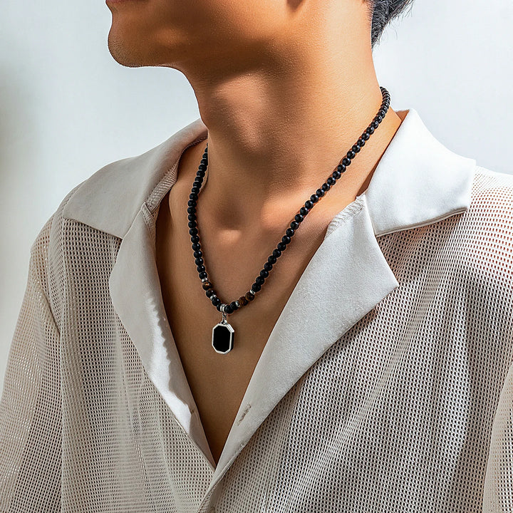 Black Tiger Stone Necklace – Stainless Steel Pendant Choker for Casual Men’s Jewelry