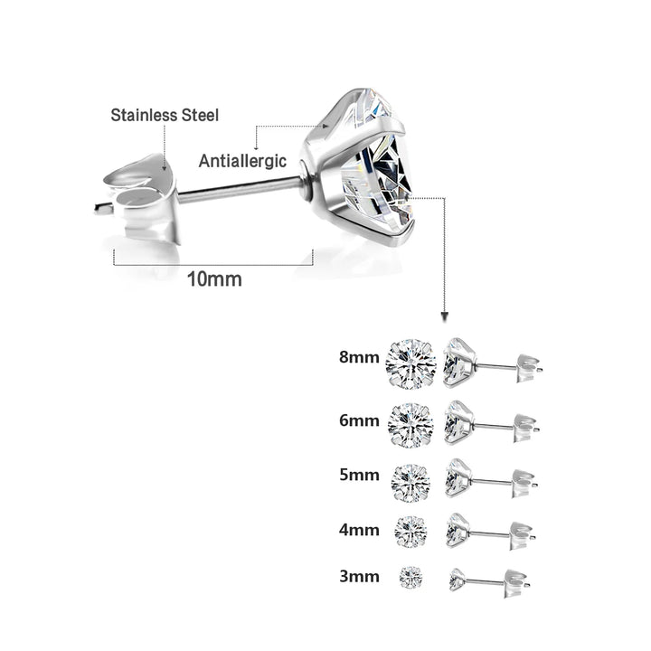LUXUSTEEL 1 Pairs Shiny Crystal Zircon Stud Earrings For Women Men Round Beads Screw Back Needle CZ Ear Stainless steel 3-8mm