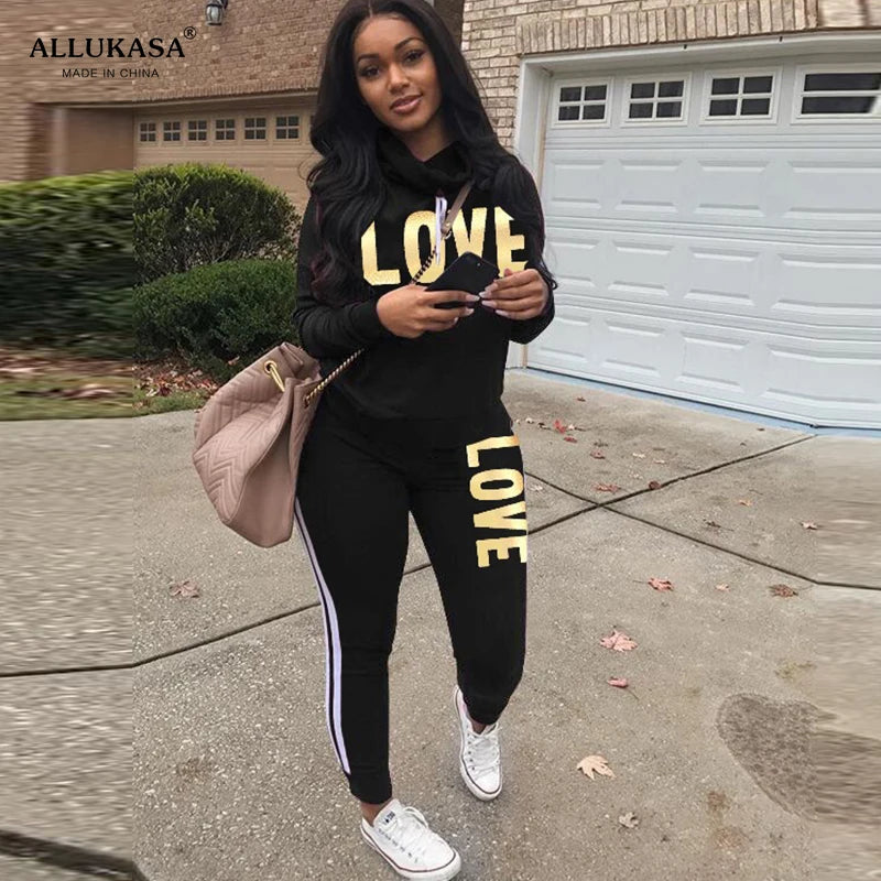 LOVE" Print Hoodie Set