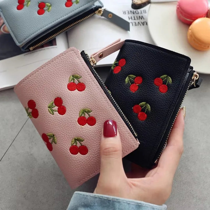 Cherry Blossom Clutch Wallet – Floral Embroidered PU with Buckle Design