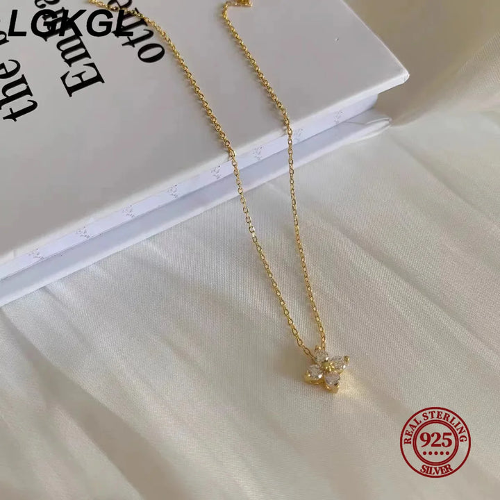 18K Gold-Plated Zircon Necklace – S925 Sterling Silver Four Leaf Clover Pendant for Women